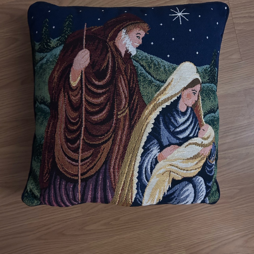 Holiday Nativity Decorative Pillow Cover - Blue, Brown, Gold